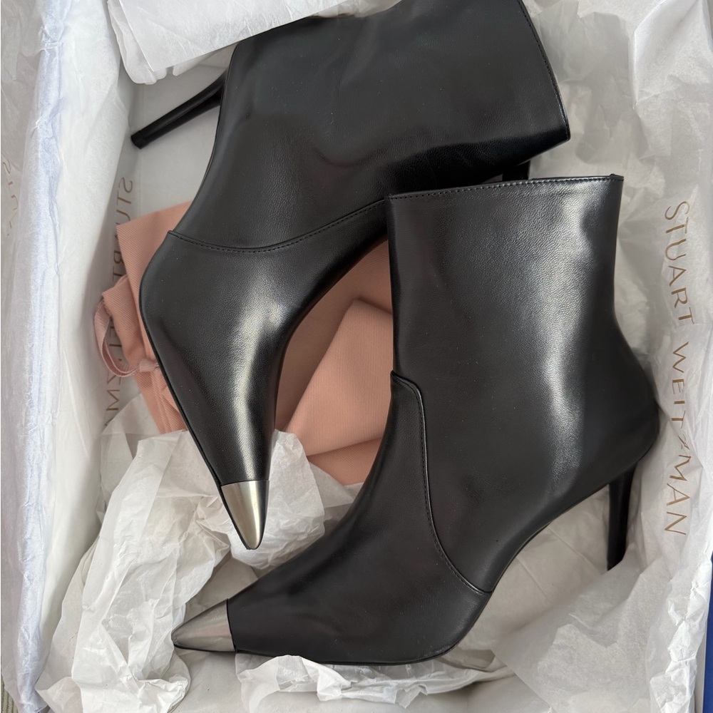 Stuart Weitzman Black Heeled Boots with Metallic Tips